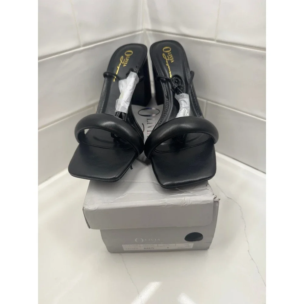 OLIVIA KAYDEN Black PU‎ Square Toe Block Heel Sandals Size 9
